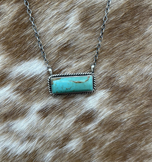 Navajo Handmade Sterling Silver Kingman Turquoise Bar Necklace 16”