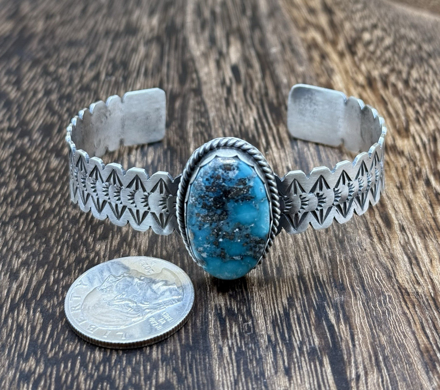 Navajo Handmade Sterling Silver Morenci Turquoise Stacker Cuff Bracelet