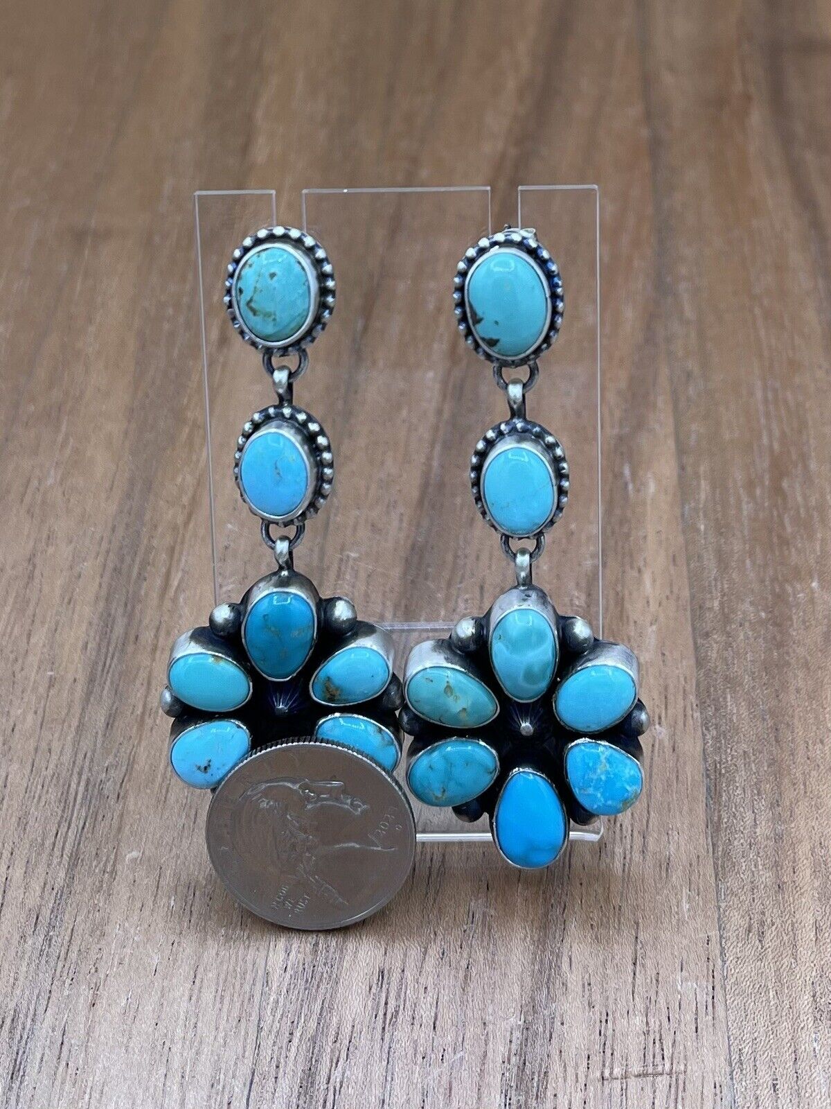 Native American Navajo Handmade Silver Kingman Turquoise Dangle Cluster Earrings