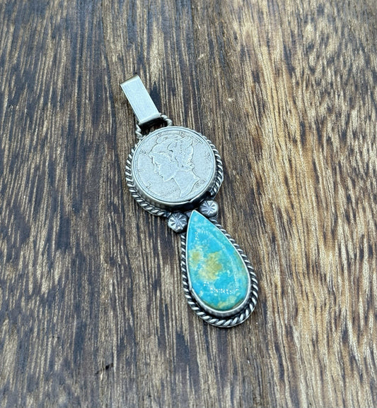 Navajo Handmade Sterling Silver Blue Glacier Turquoise Liberty Dime Coin Pendant