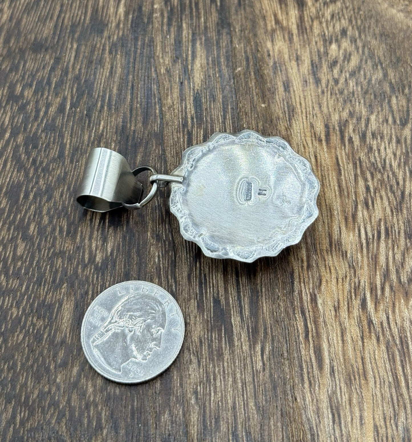 Navajo Handmade Sterling Silver Royston Turquoise Stamped Design Drop Pendant