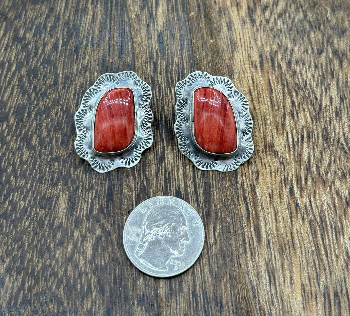 Navajo Handmade Sterling Silver Red Spiny Oyster Shell Stamped Post Earrings