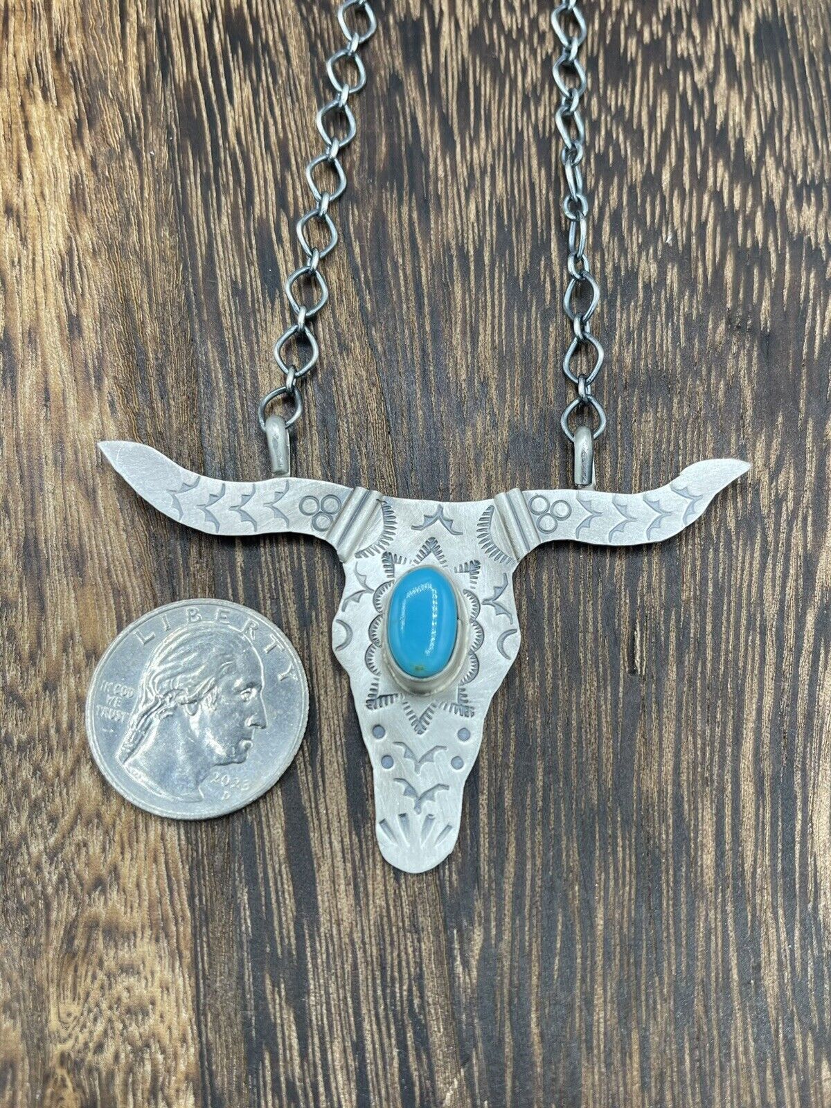 Native American Sterling Silver Navajo Handmade Turquoise Longhorn Necklace 18”