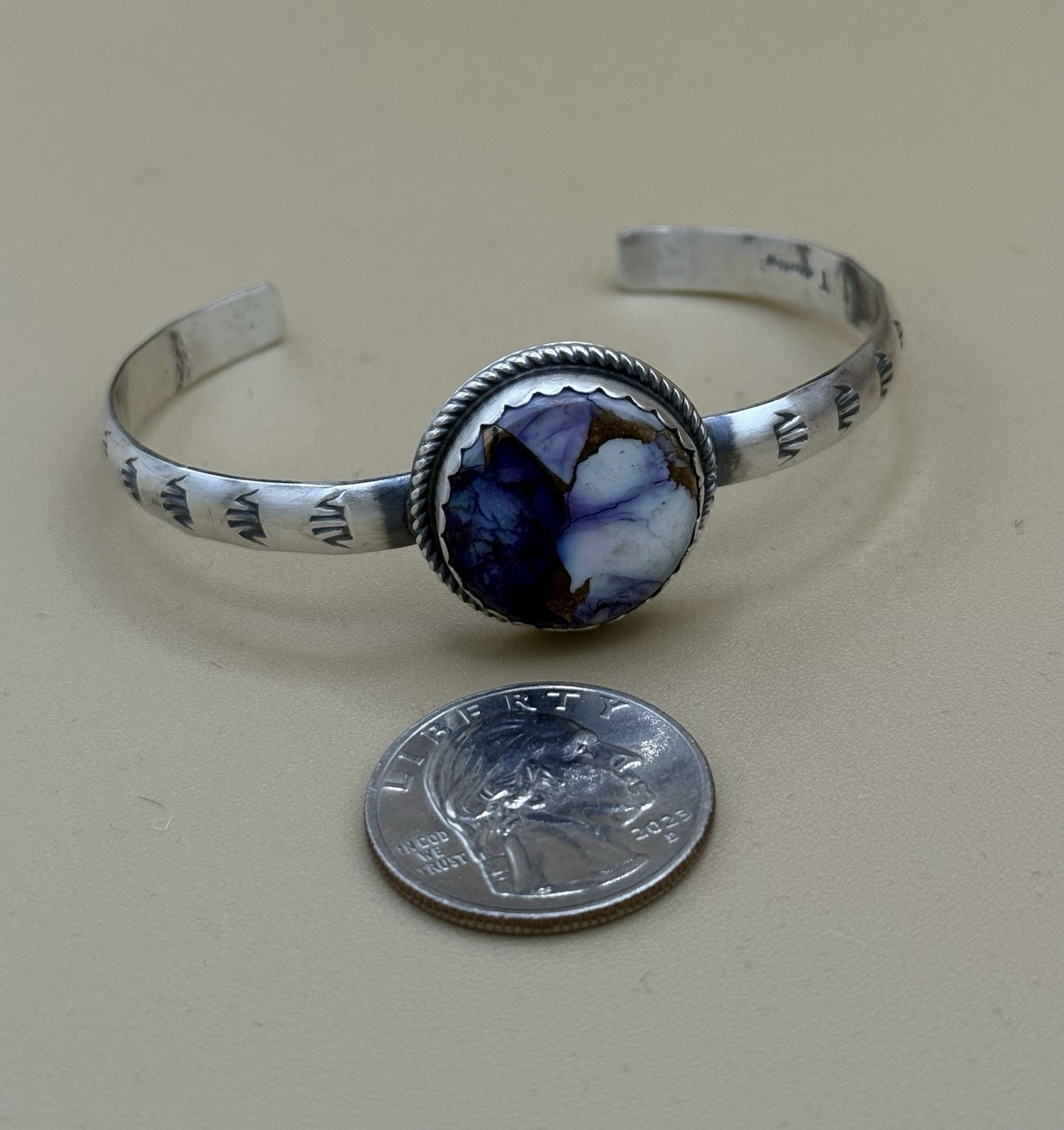 Navajo Handmade Sterling Silver Violet Rose Dahlia Stamped Stacker Cuff Bracelet