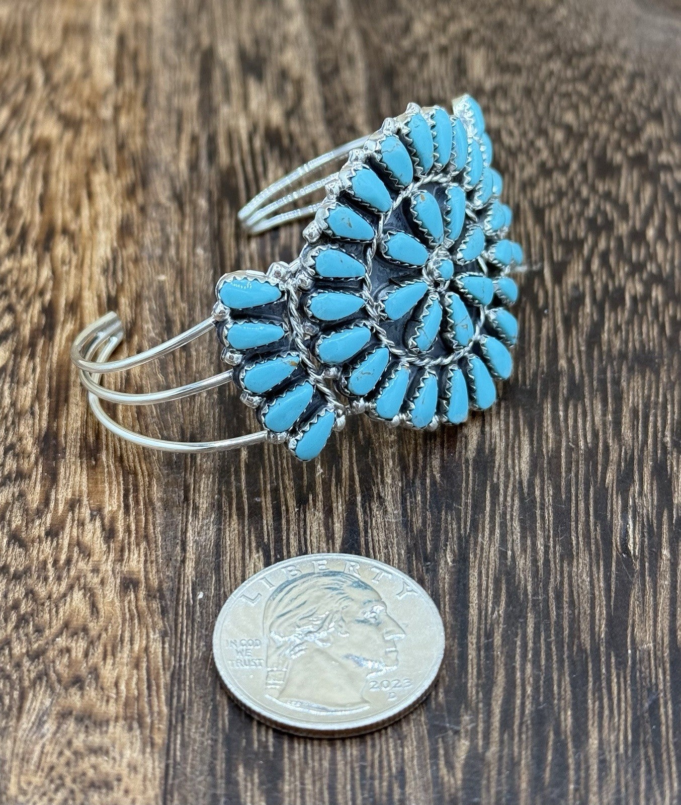 Native American Navajo Handmade Sterling Silver Turquoise Cluster Cuff Bracelet