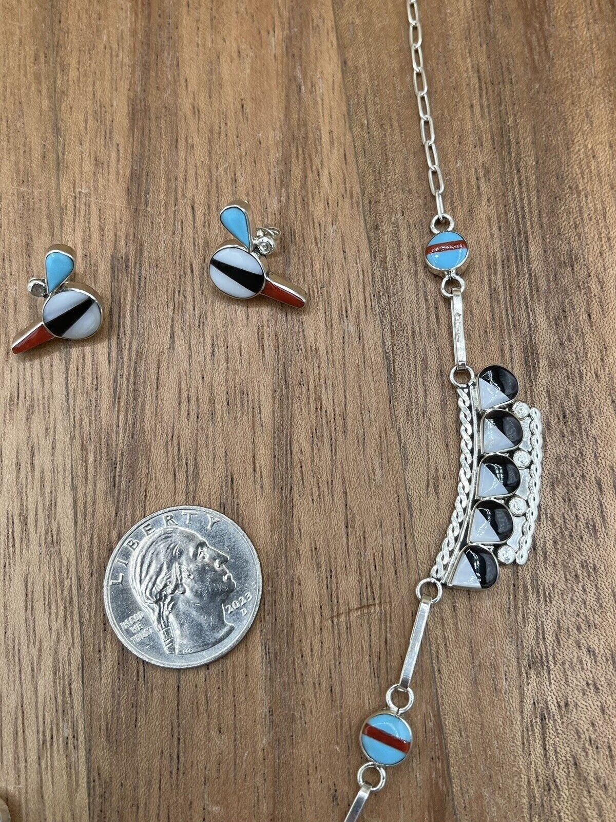 Native American Zuni handmade Silver Multi-stone Inlay Thunderbird Necklace 22”