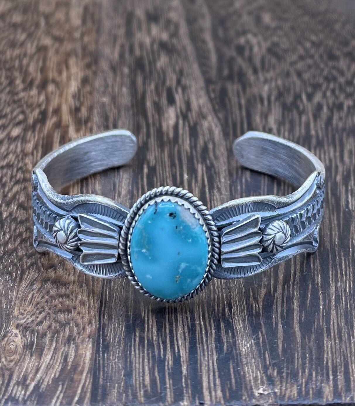 Native American Navajo Handmade Silver Kingman Turquoise Old look Bracelet