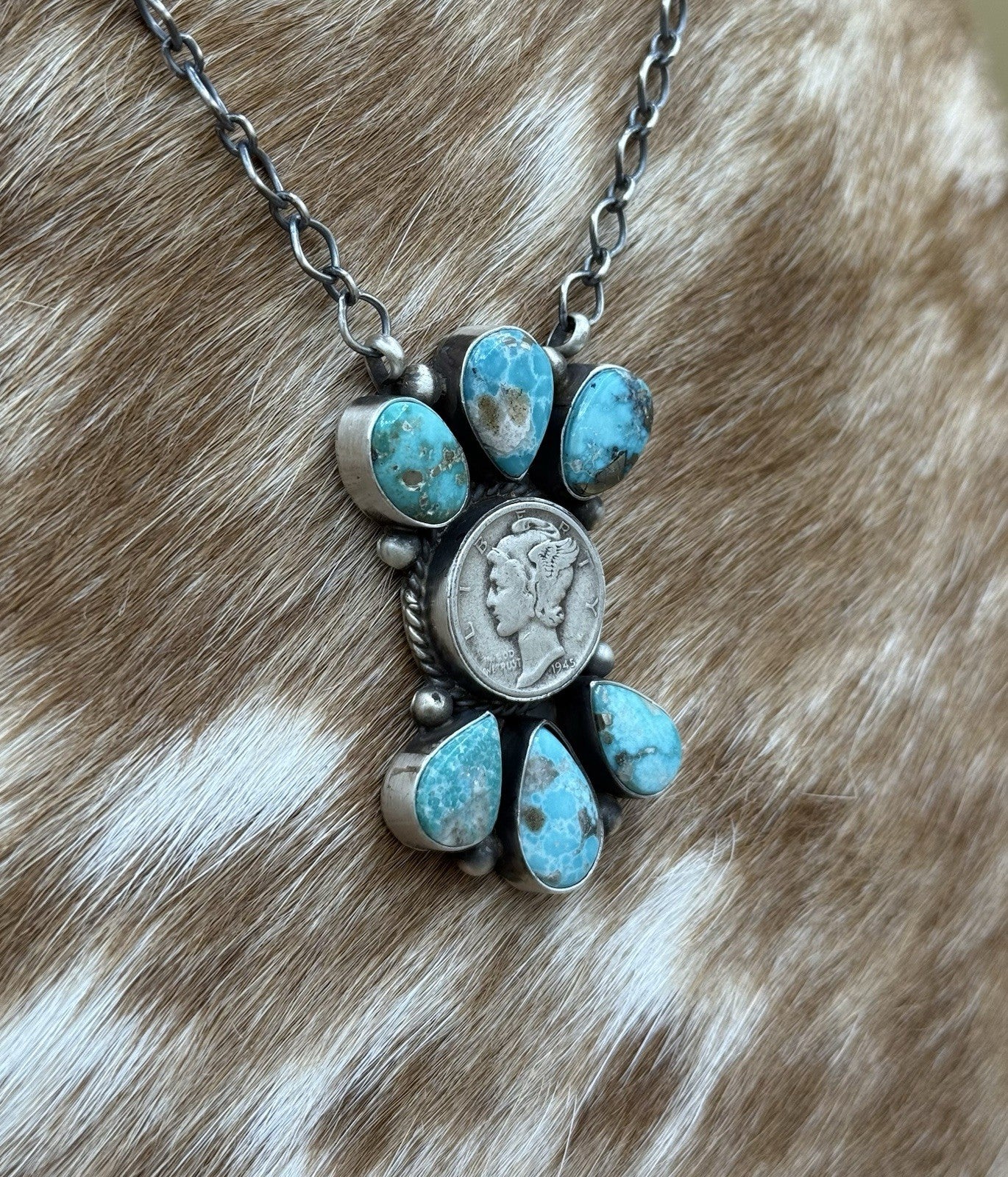 Navajo Handmade Silver White Water Turquoise Liberty Coin Cluster Necklace 18”