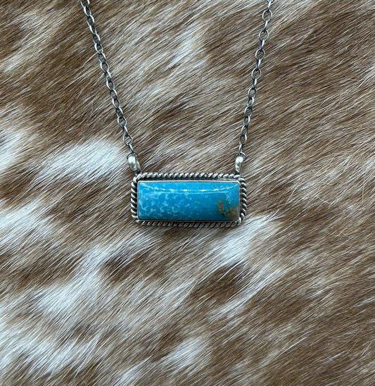 Navajo Handmade Sterling Silver Kingman Turquoise Bar Necklace 16”