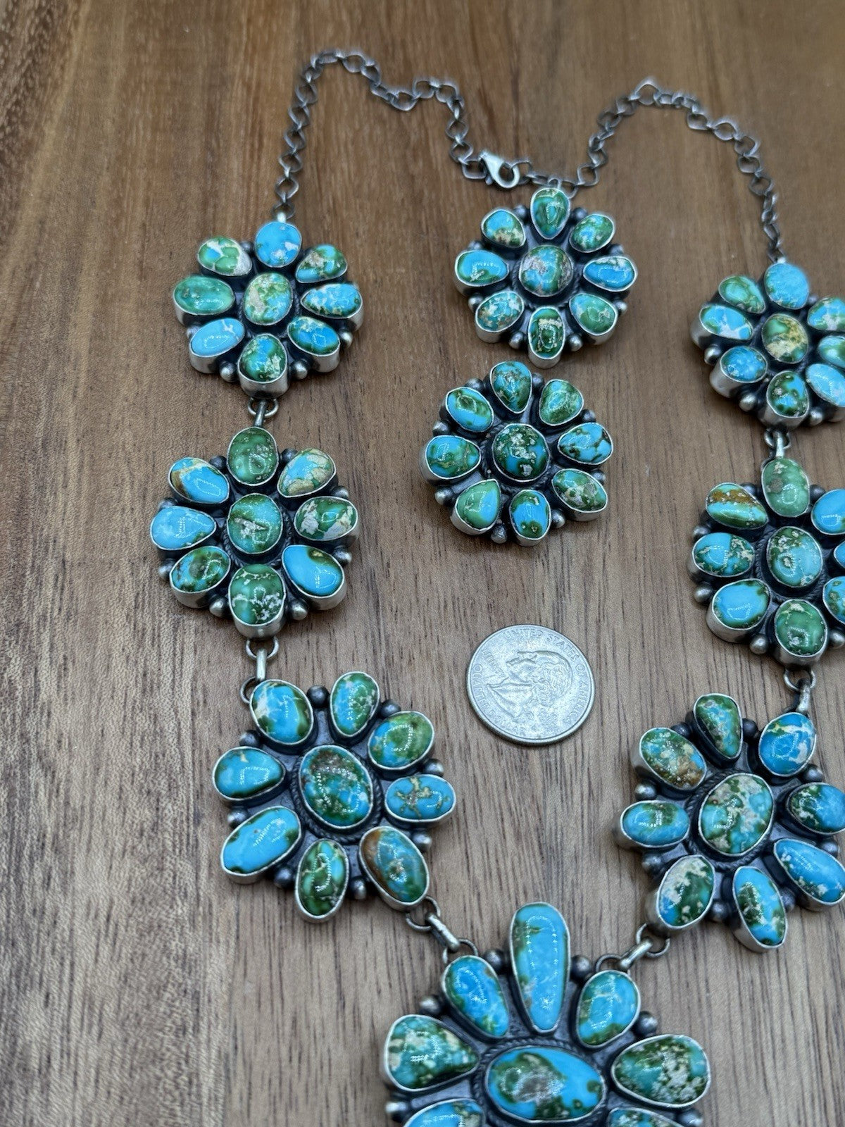 Navajo Handmade Sterling Silver Sonoran Turquoise Cluster Lariat Necklace 24”