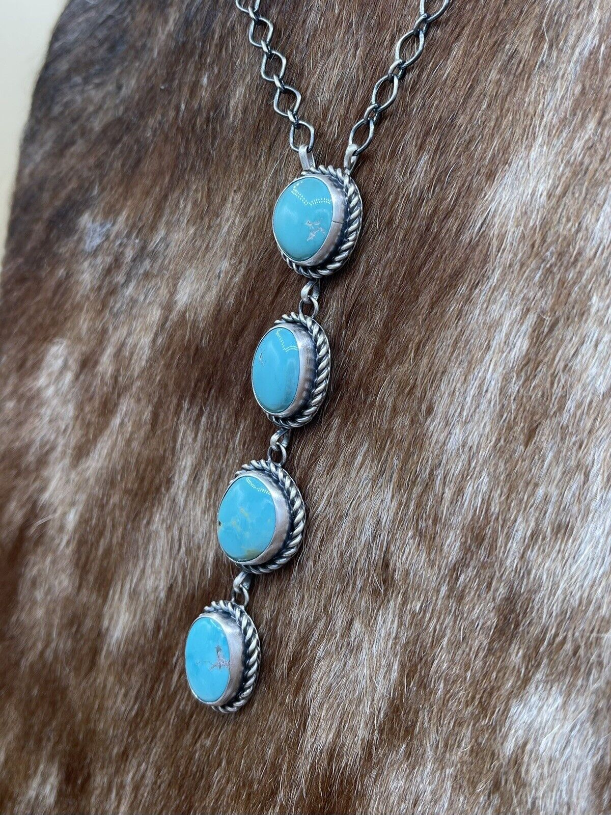 Native American Navajo Handmade Silver Kingman Turquoise Drop Bar Necklace 18”