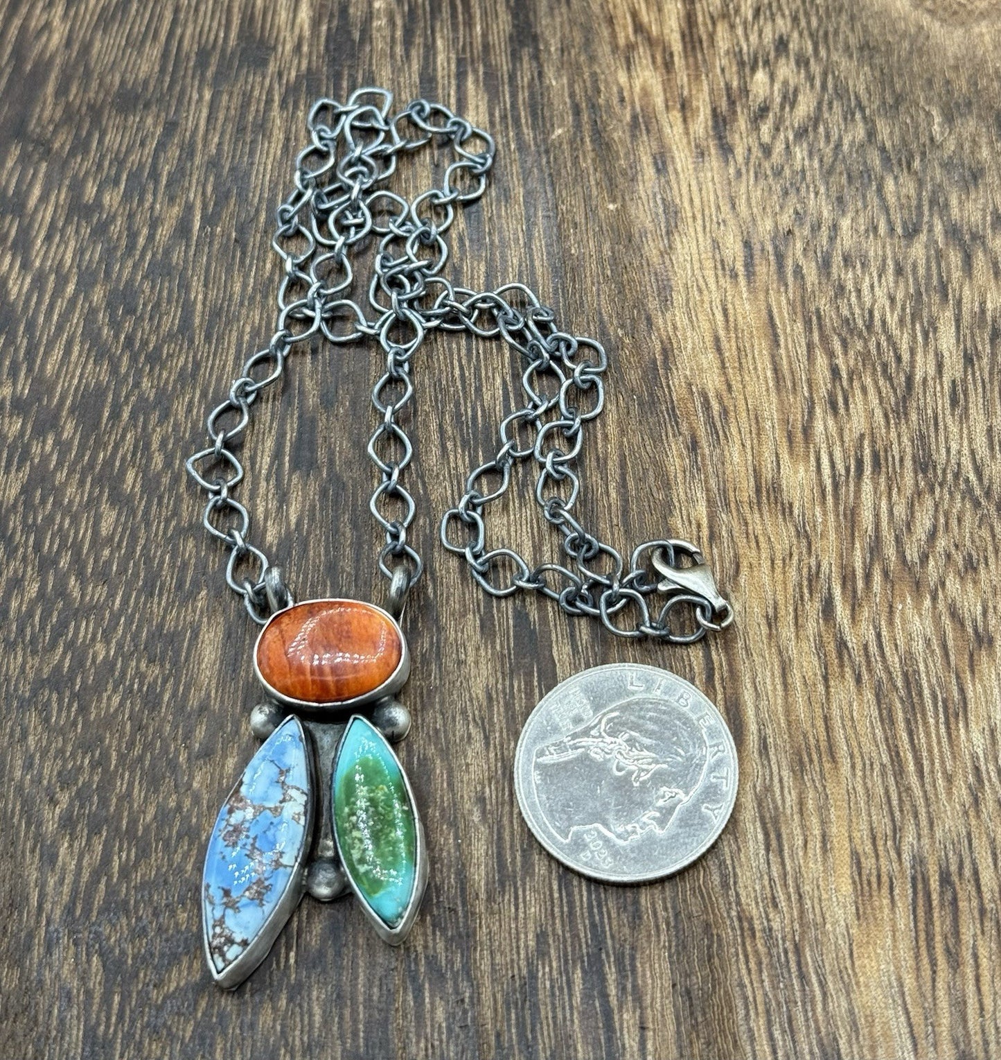 Navajo Handmade Sterling Silver Multi stone Turquoise  Cluster Bar Necklace 18”