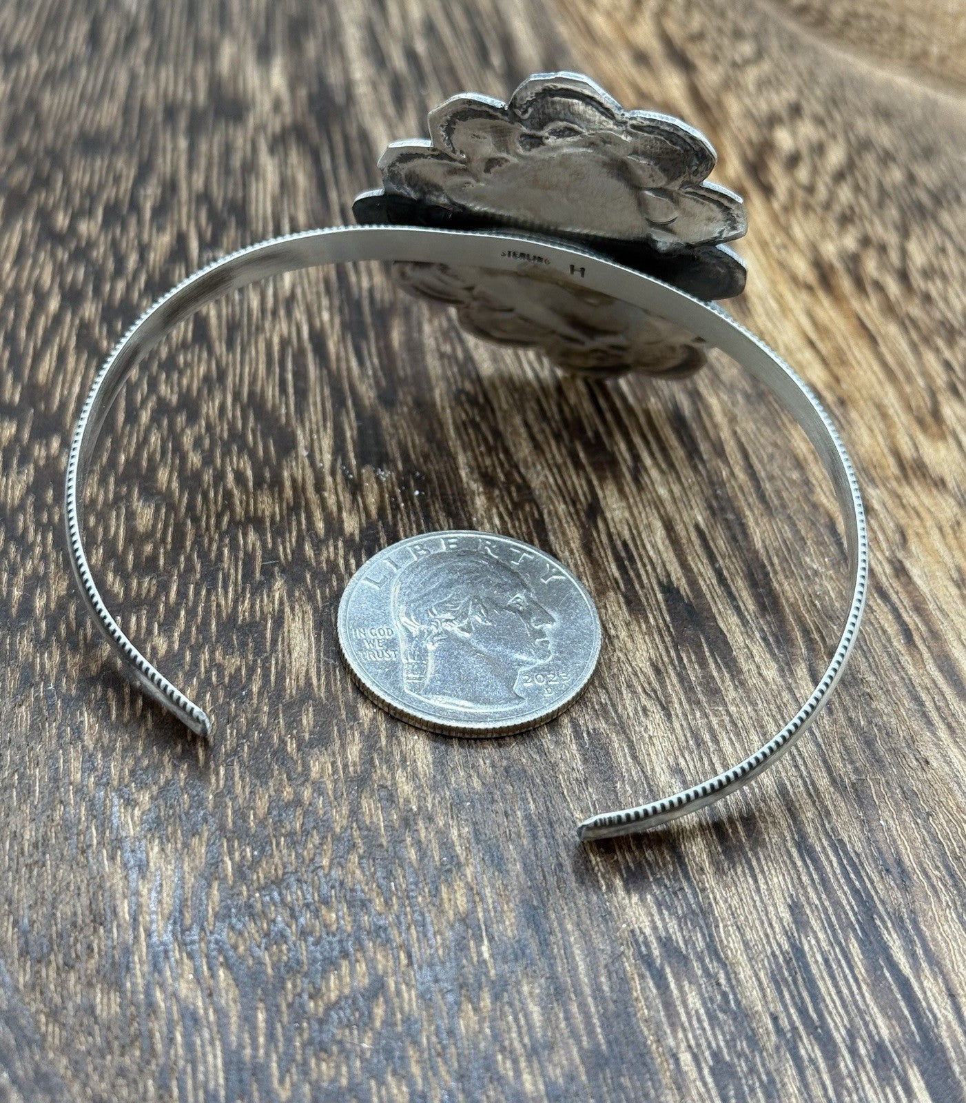 Native Navajo Handmade Sterling Silver Kingman Turquoise Cuff Stamped Bracelet