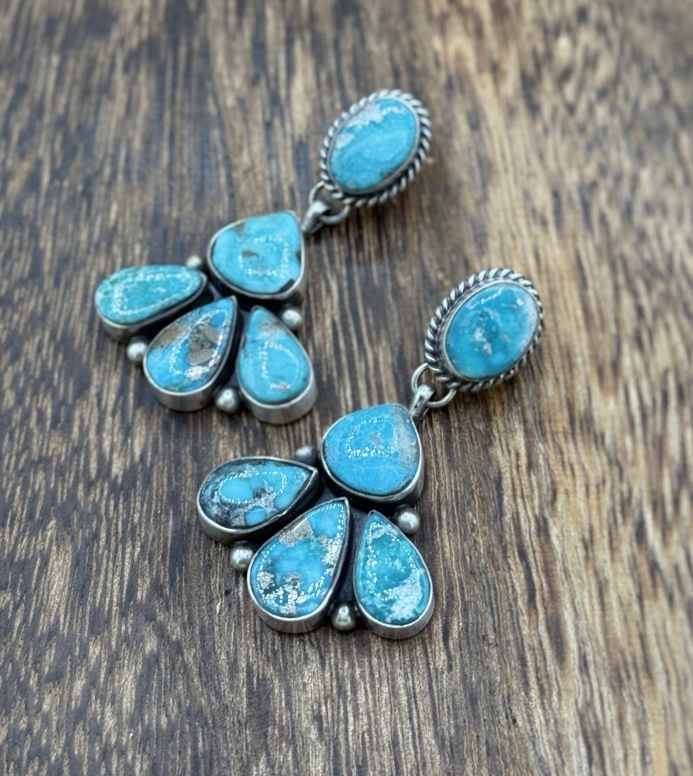 Navajo Handmade Sterling Silver Blue Bird Turquoise Cluster Post Dangle Earrings