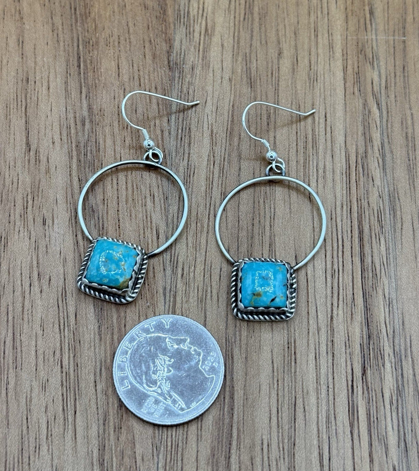 Navajo Handmade Sterling Silver Kingman Turquoise Hoop Dangle Drop Earrings