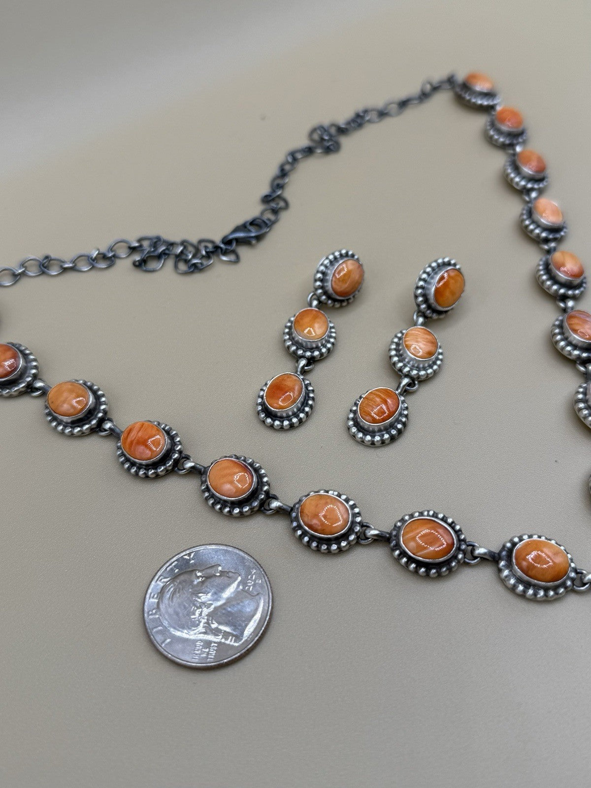 Navajo Handmade Sterling Silver Orange Spiny Oyster Lariat Dangle Necklace Long