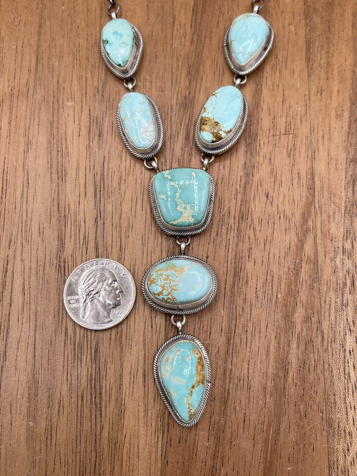 Native American Navajo Handmade Silver Royston Turquoise Lariat Necklace Set 18”