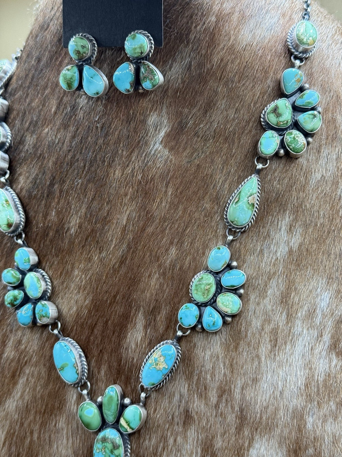 Navajo Handmade Sterling Silver Sonoran Turquoise Cluster Lariat Necklace 24”