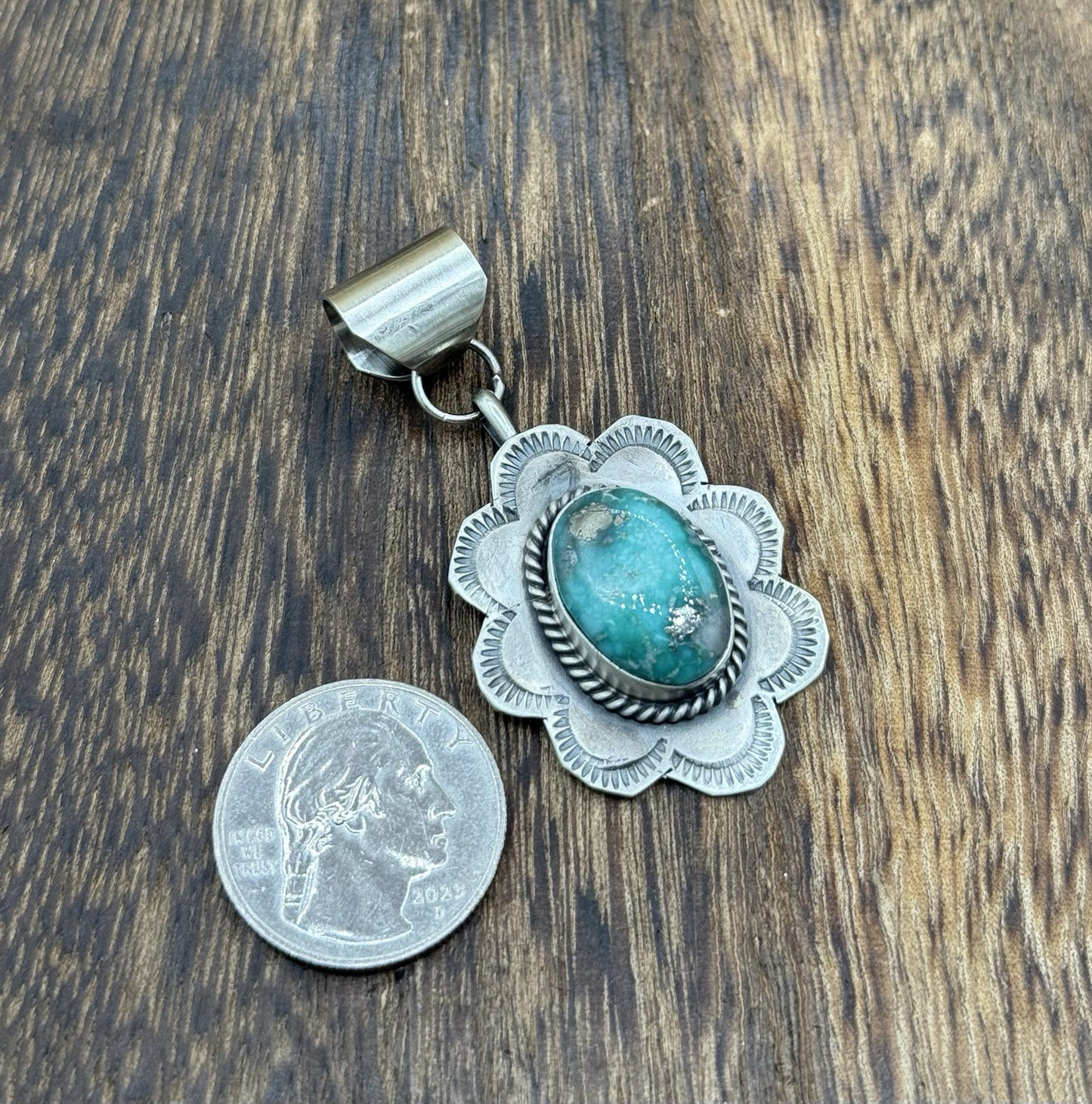 Navajo Handmade Sterling Silver Blue Bird Turquoise Stamped Design Drop Pendant