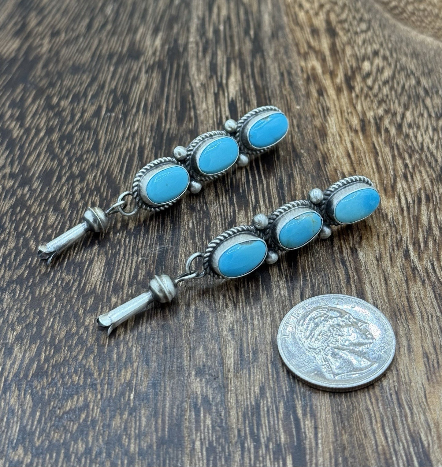 Navajo Handmade Sterling Silver Kingman Turquoise Blossom Post Dangle Earrings