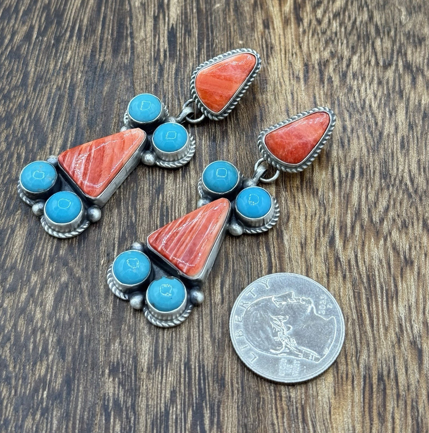 Navajo Handmade Sterling Silver Turquoise & Spiny Oyster Post Dangle Earrings