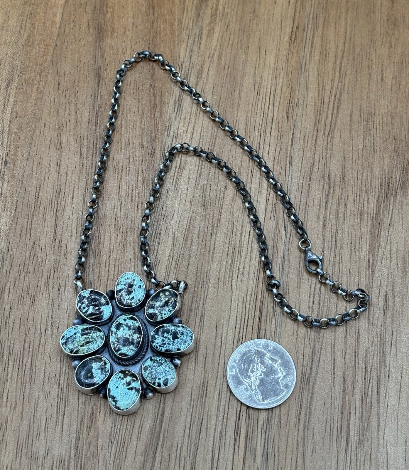 Navajo Handmade Sterling Silver Blackjack Turquoise Cluster Bar Necklace 18”