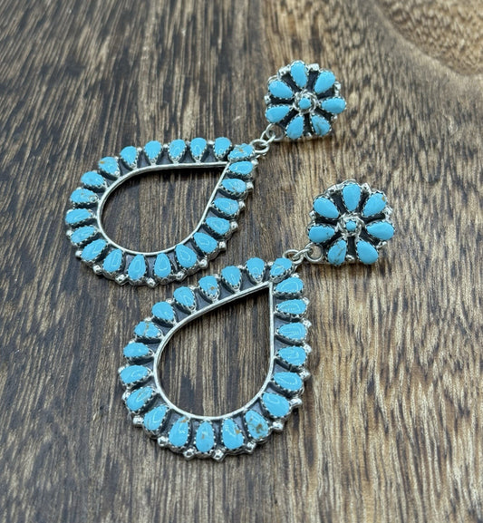 Navajo Handmade Sterling Silver Turquoise Cluster Post Drop earrings Large
