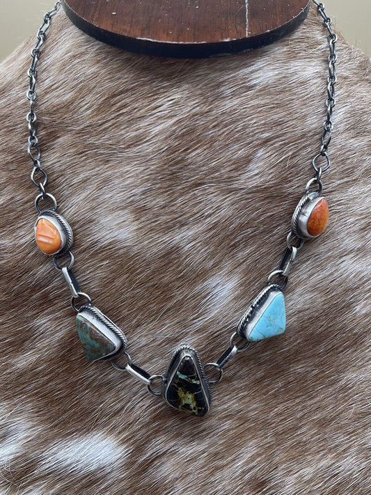 Native American Navajo Handmade Silver Spiny Oyster Turquoise Choker Necklace 16