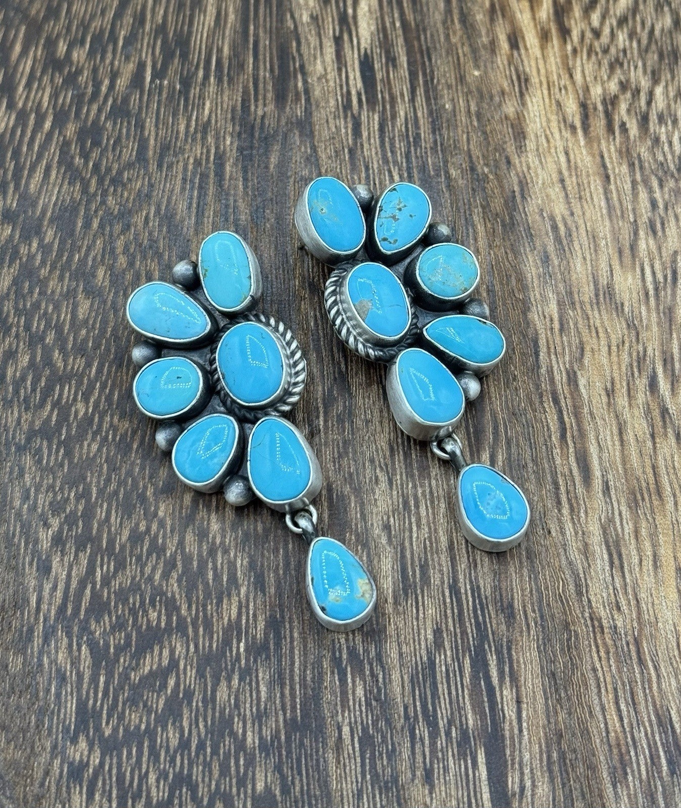 Navajo Handmade Sterling Silver Kingman Turquoise Half Cluster Drop Earrings