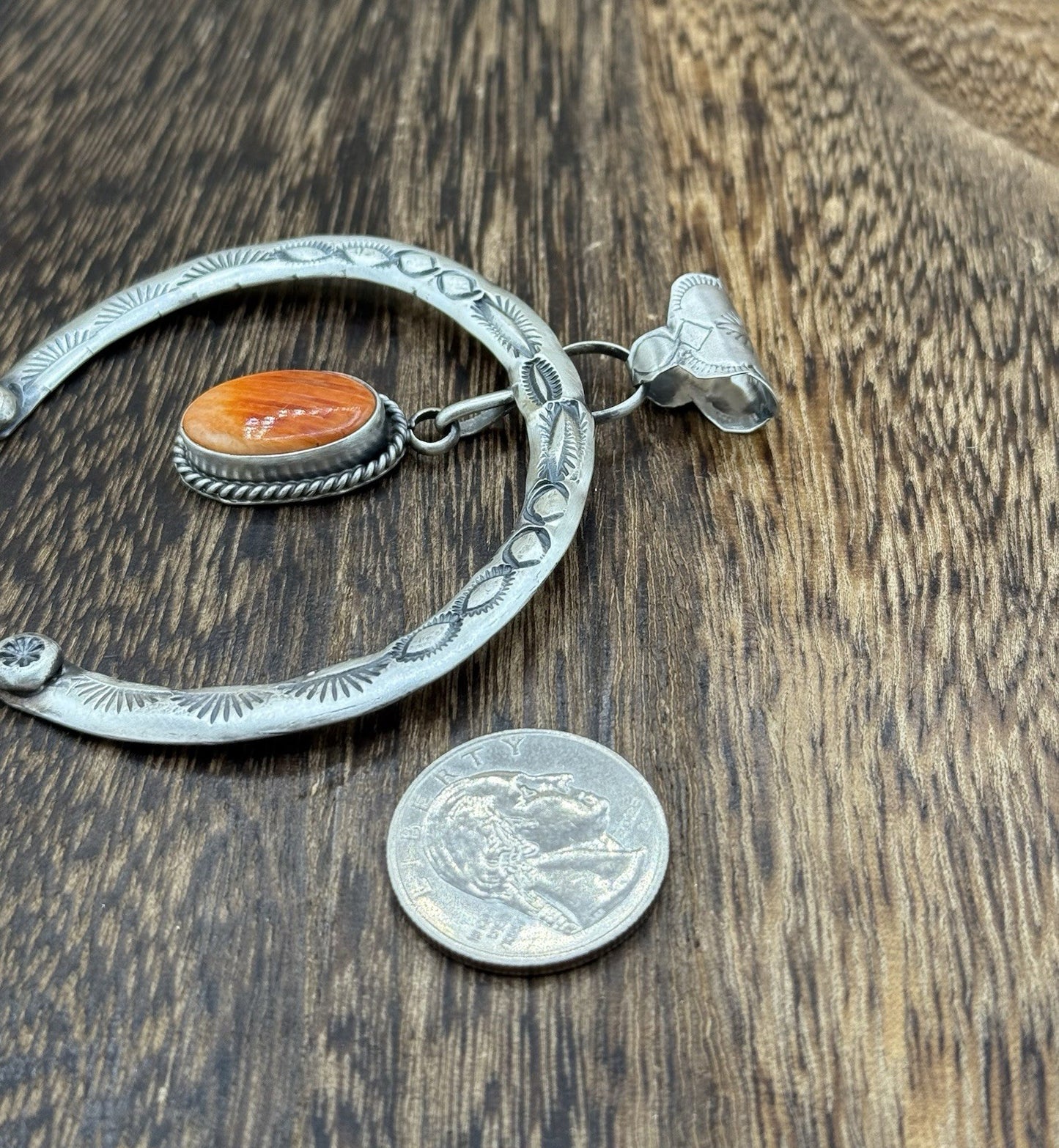 Navajo Handmade Sterling Silver Stamped Red Spiny Oyster Shell Naja Pendant