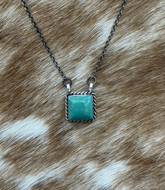 Native Navajo Handmade Silver Kingman Turquoise Cluster Bar Necklace 16”