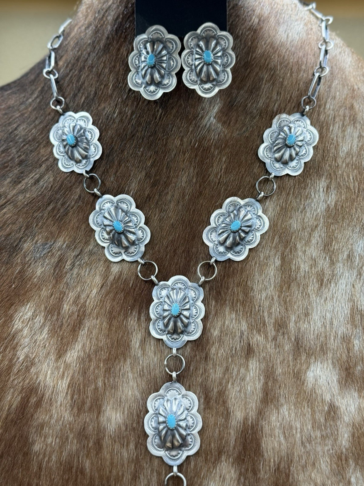 Navajo Handmade Sterling Silver Stamped Concho Turquoise Lariat Necklace Set 20”