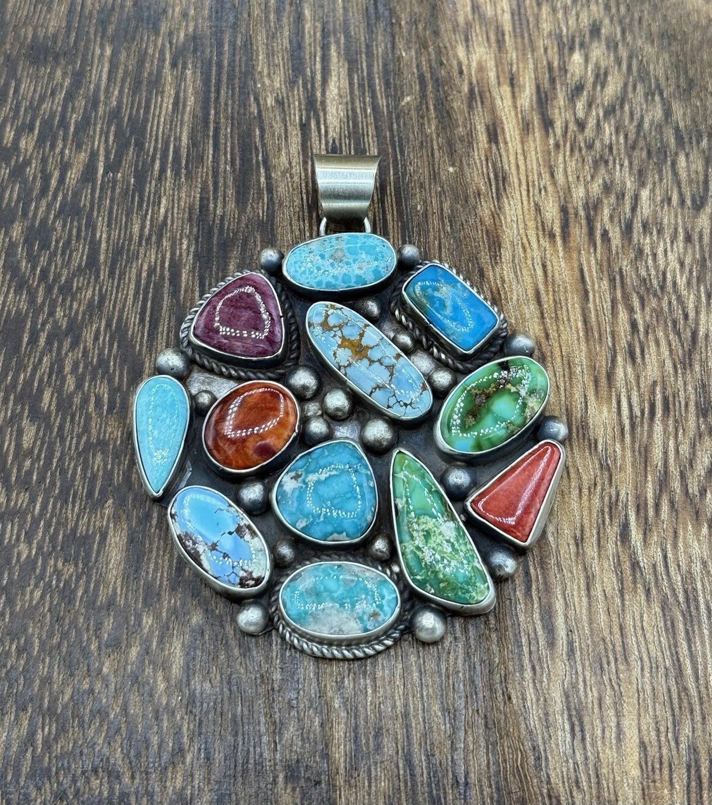 Navajo Handmade Sterling Silver Mixed Turquoise Spiny Large Cluster Pendant