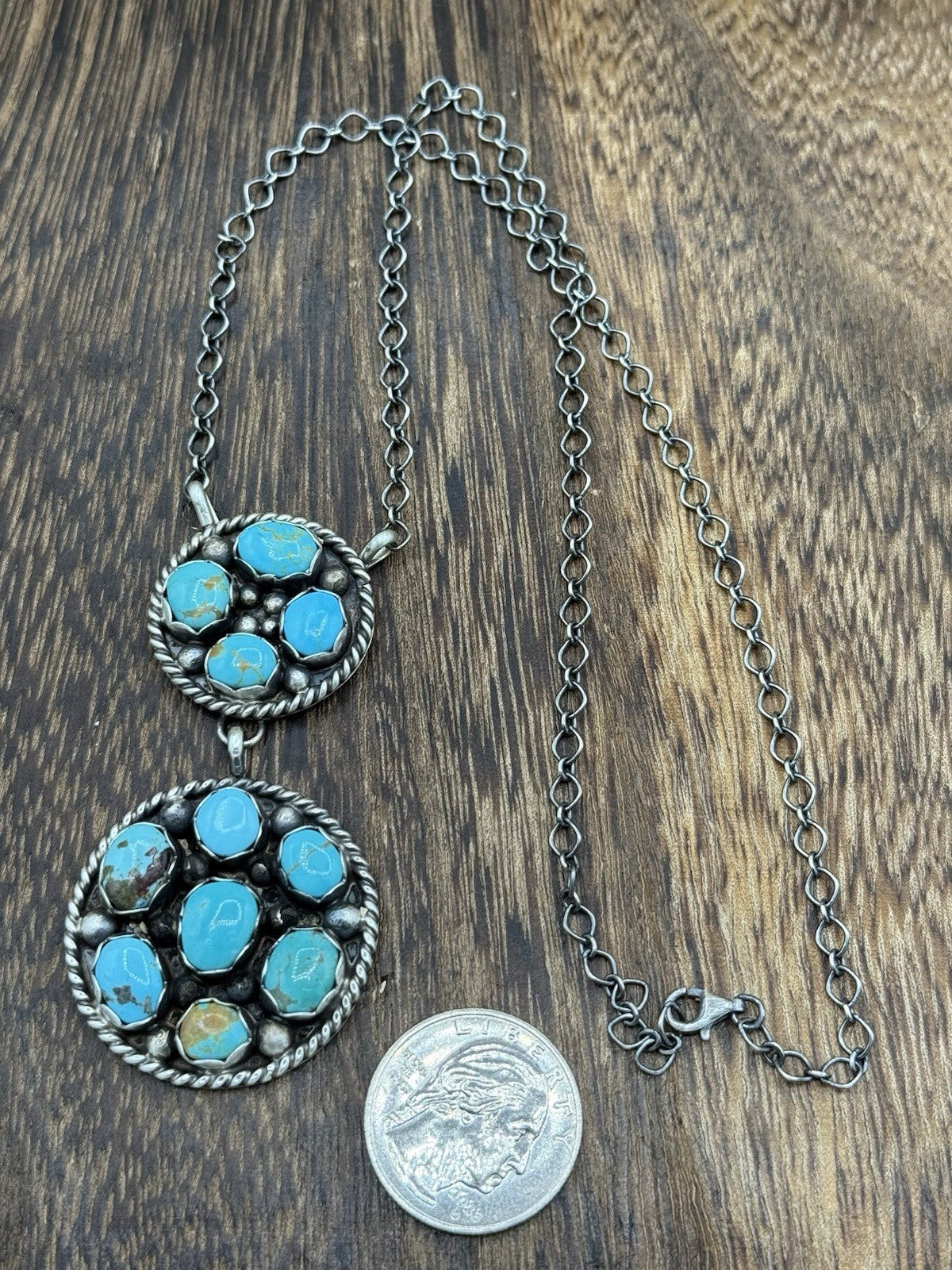 Navajo Handmade Sterling Silver Kingman Turquoise Cluster Bar Necklace 18”