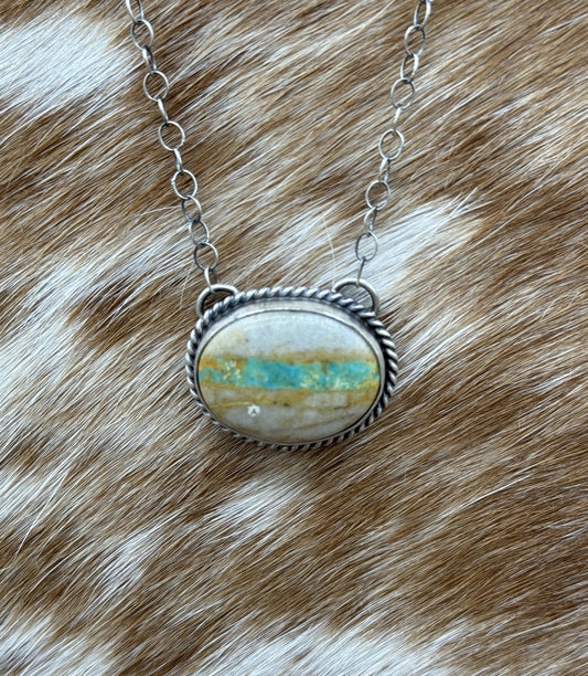 Native Navajo Handmade Sterling Silver Boulder Turquoise Bar Necklace 18”
