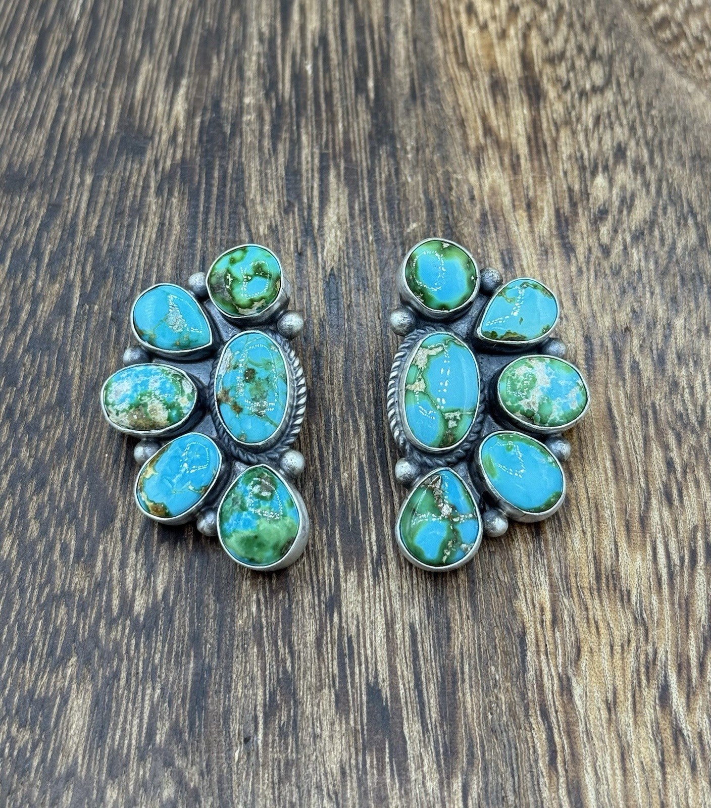 Navajo Handmade Sterling Silver Sonoran Gold Turquoise Half Cluster Earrings