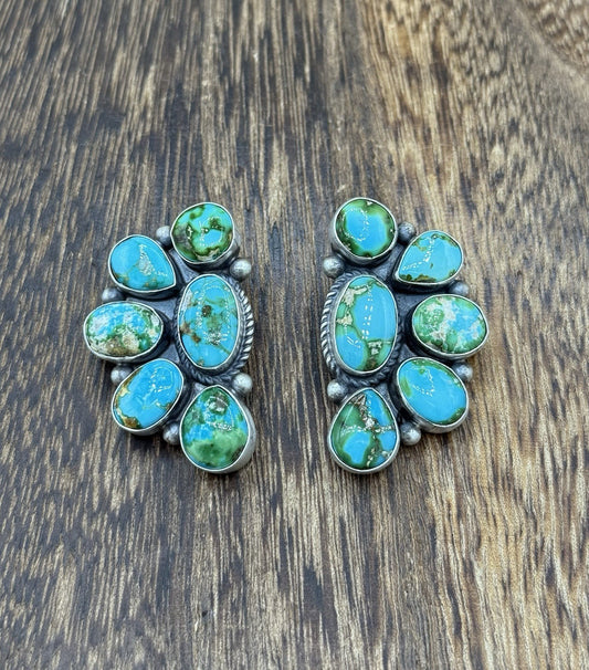 Navajo Handmade Sterling Silver Sonoran Gold Turquoise Half Cluster Earrings