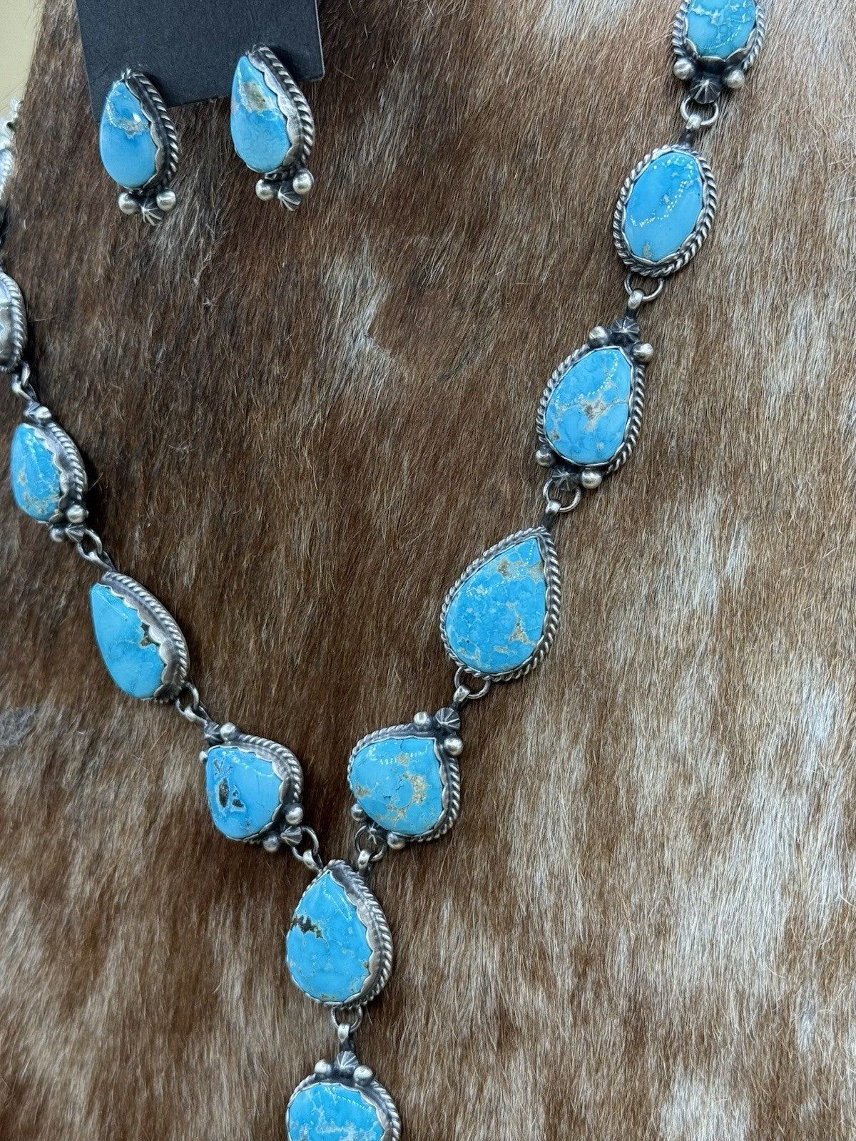 Native Navajo Handmade Sterling Silver Blue Bird Turquoise Y Lariat Necklace 24”