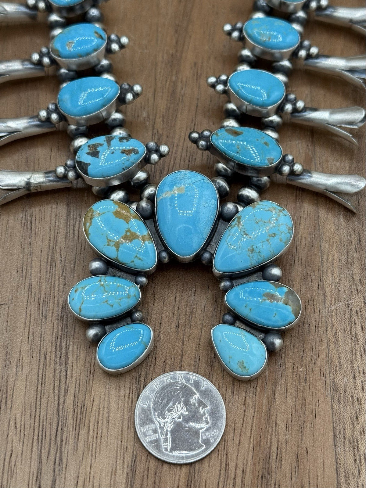 Navajo Handmade Sterling Silver Kingman Turquoise Squash Blossom Necklace 20”