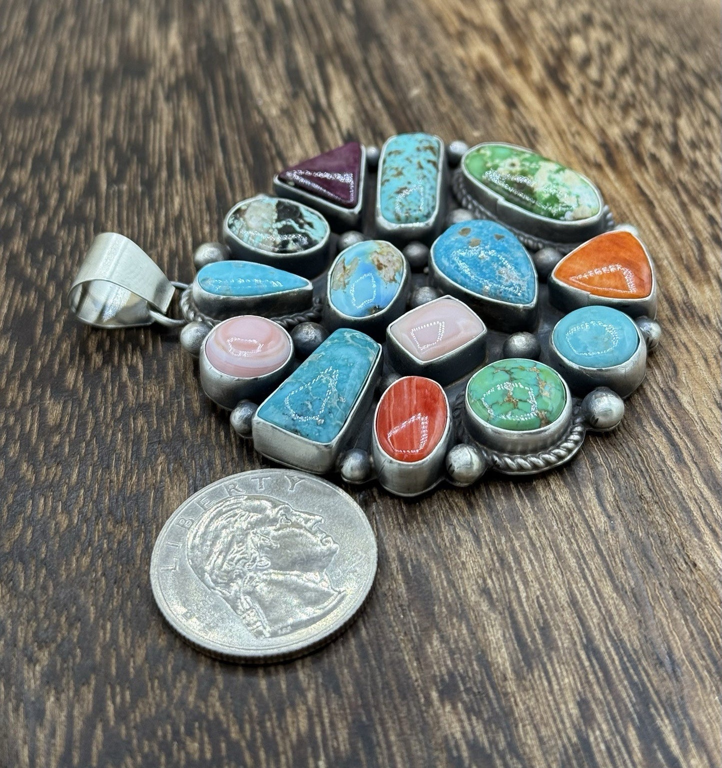 Navajo Handmade Sterling Silver Mixed Turquoise Spiny Large Cluster Pendant
