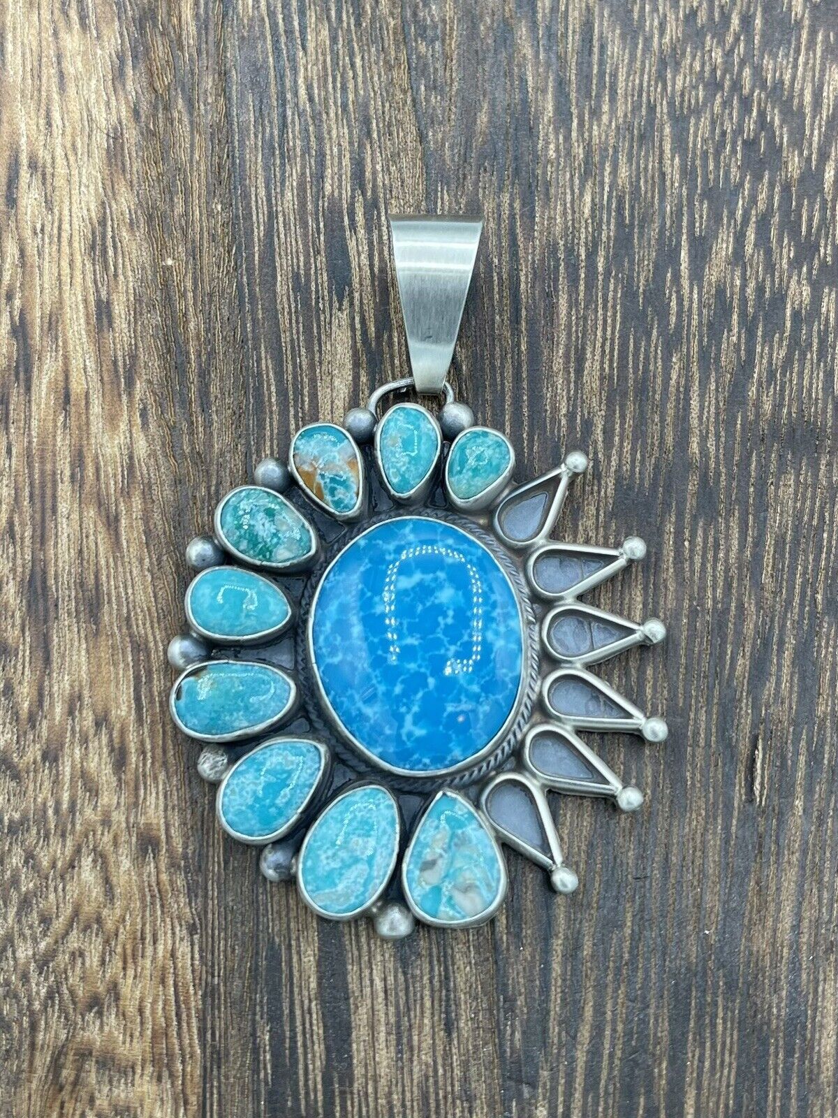 Native American Navajo  Silver Handmade Turquoise Cluster Pendant - Betta Lee