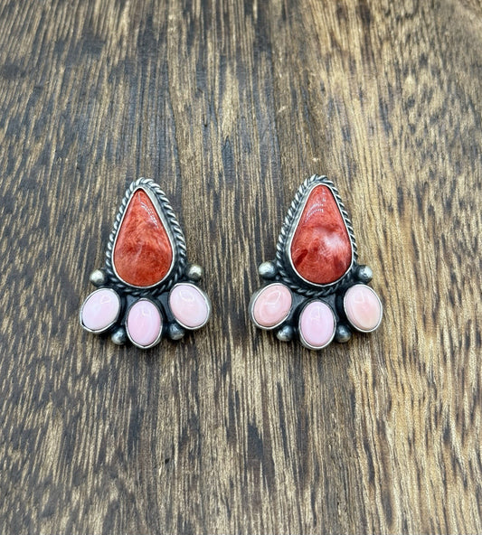 Navajo Handmade Sterling Silver Multi Color Spiny Pink Shell Cluster Earrings
