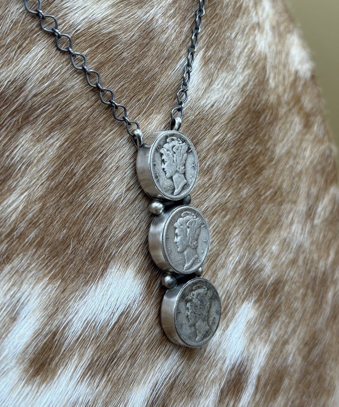 Navajo Handmade Sterling Silver Liberty Dime Cluster Bar Lariat Necklace 18”