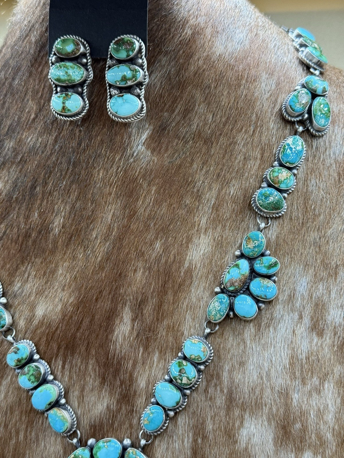 Navajo Handmade Sterling Silver Sonoran Gold Turquoise Cluster Lariat Necklace