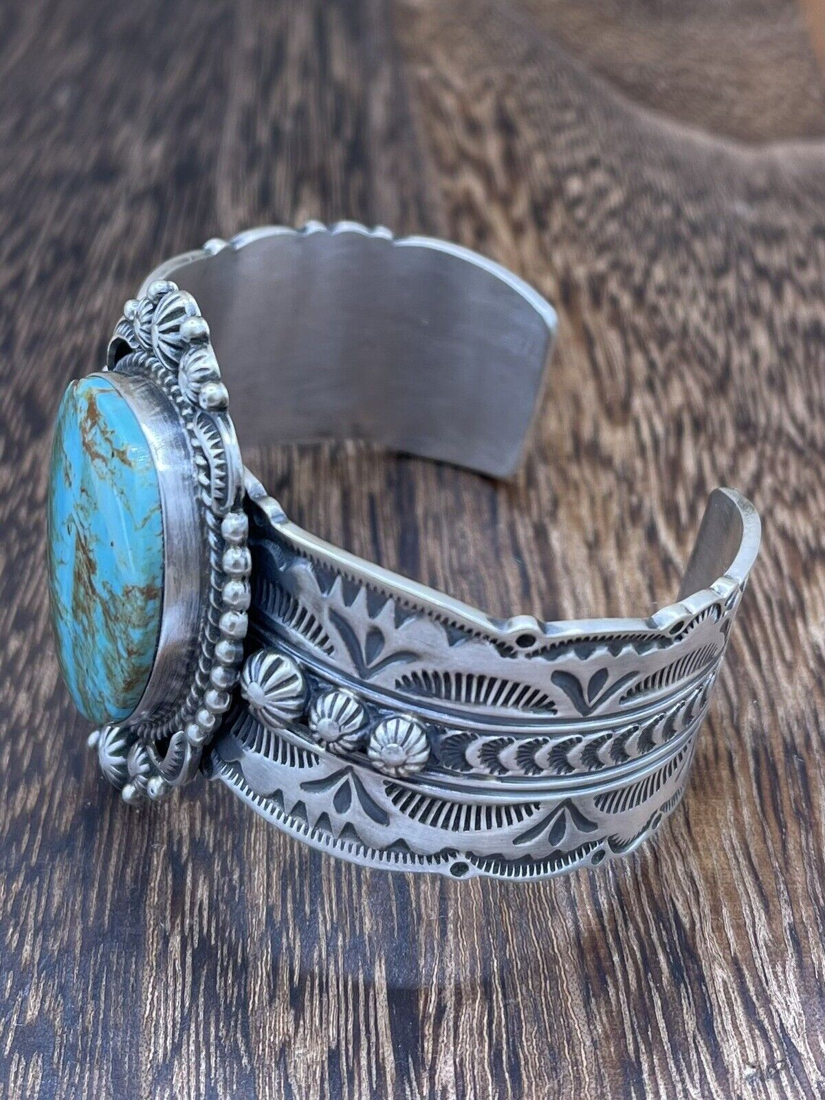 Native American Navajo Handmade Silver Kingman Turquoise Cuff Bracelet Bennie R.