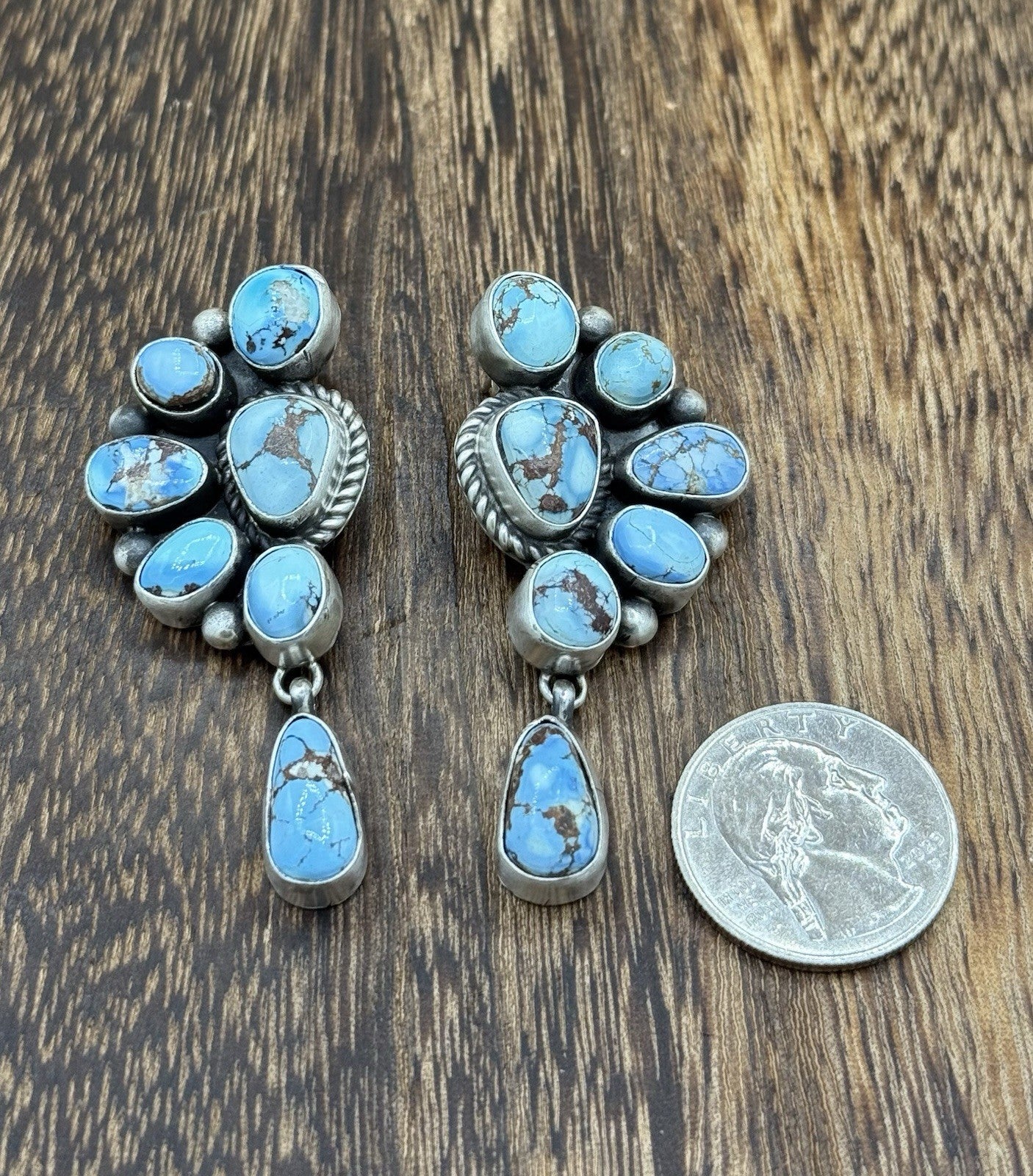 Navajo Handmade Sterling Silver Golden Hills Turquoise Half Cluster Earrings