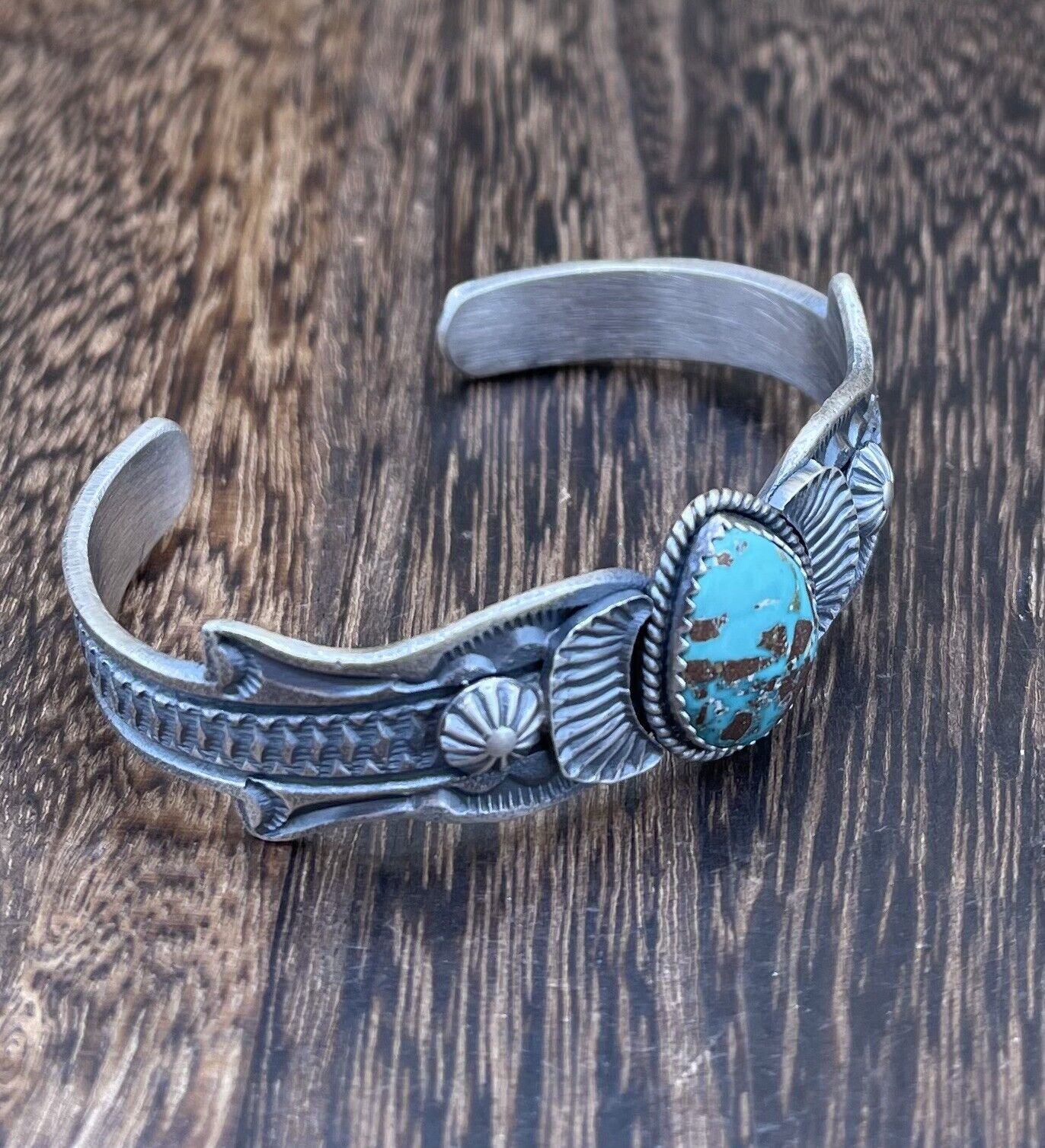 Native American Navajo Handmade Silver Kingman Turquoise Old look Bracelet