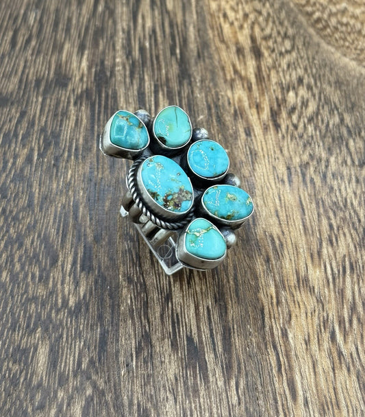 Navajo Handmade Sterling Silver Sonoran Gold Turquoise Half Cluster Ring Size 8
