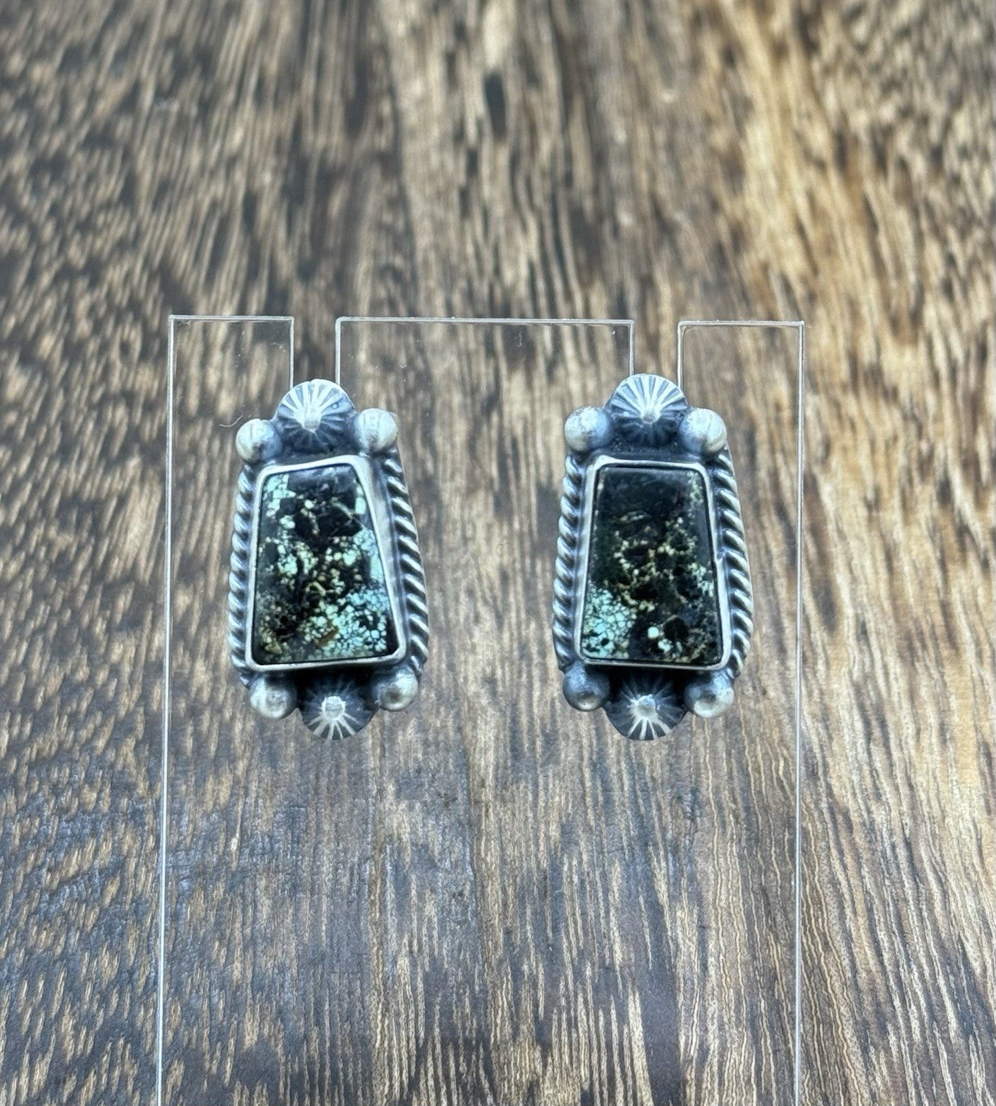 Navajo Handmade Sterling Silver Blackjack Turquoise Old Look Post Stud Earrings