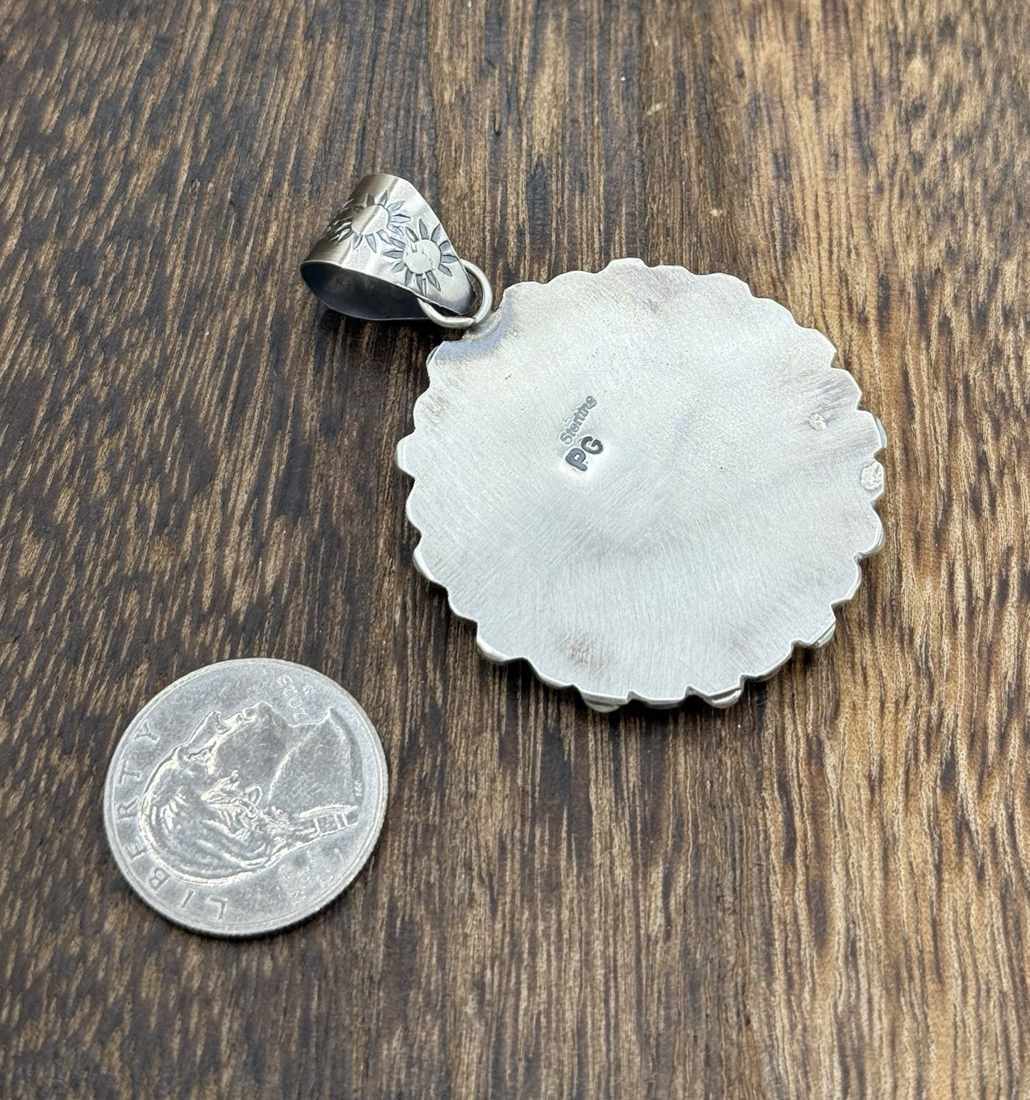 Navajo Handmade Sterling Silver Pink Fire Opal Cluster Buffalo Coin Pendant